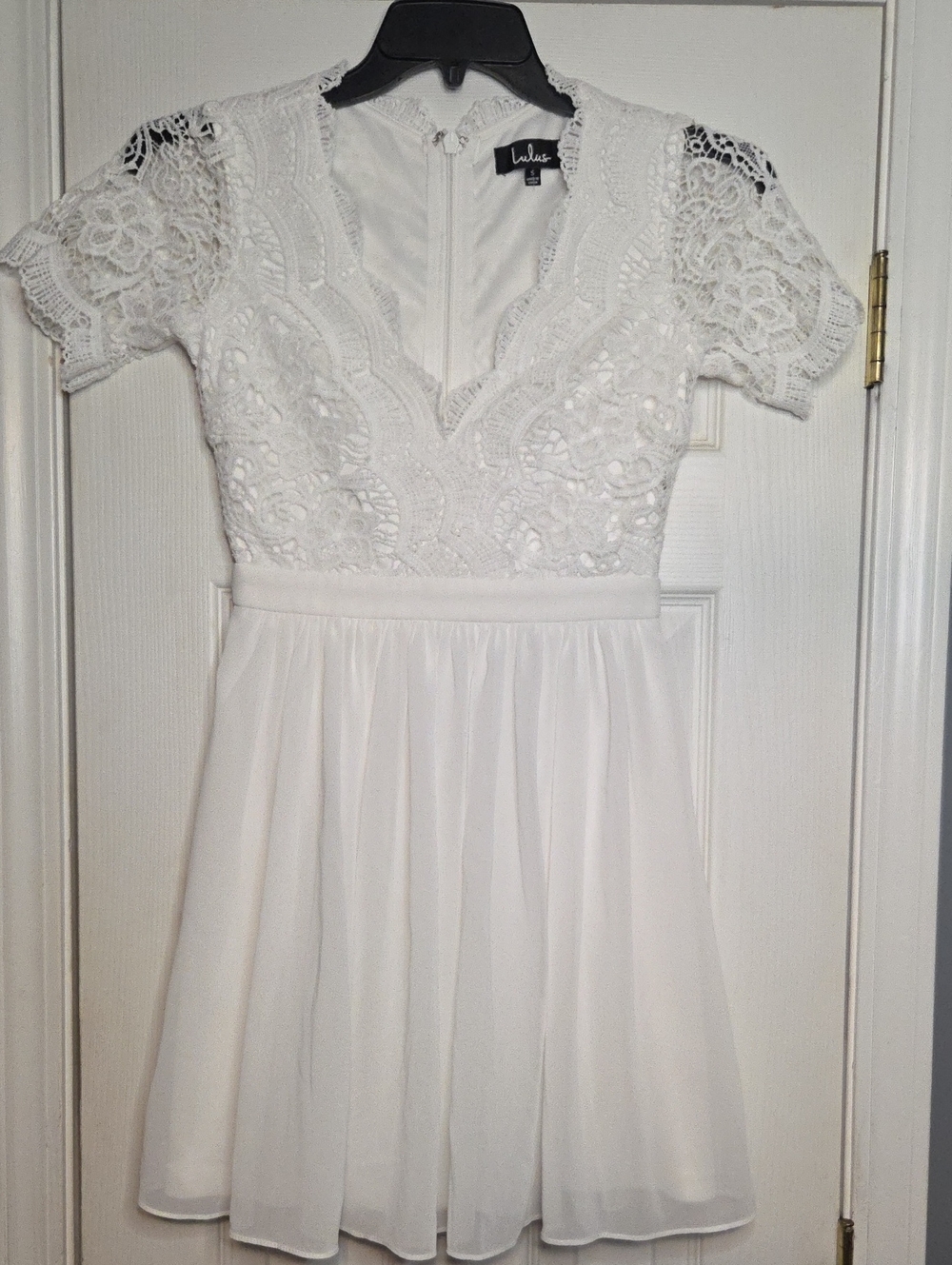 Lulu's White Lace V-Neck Skater Dress with Short Sleeves